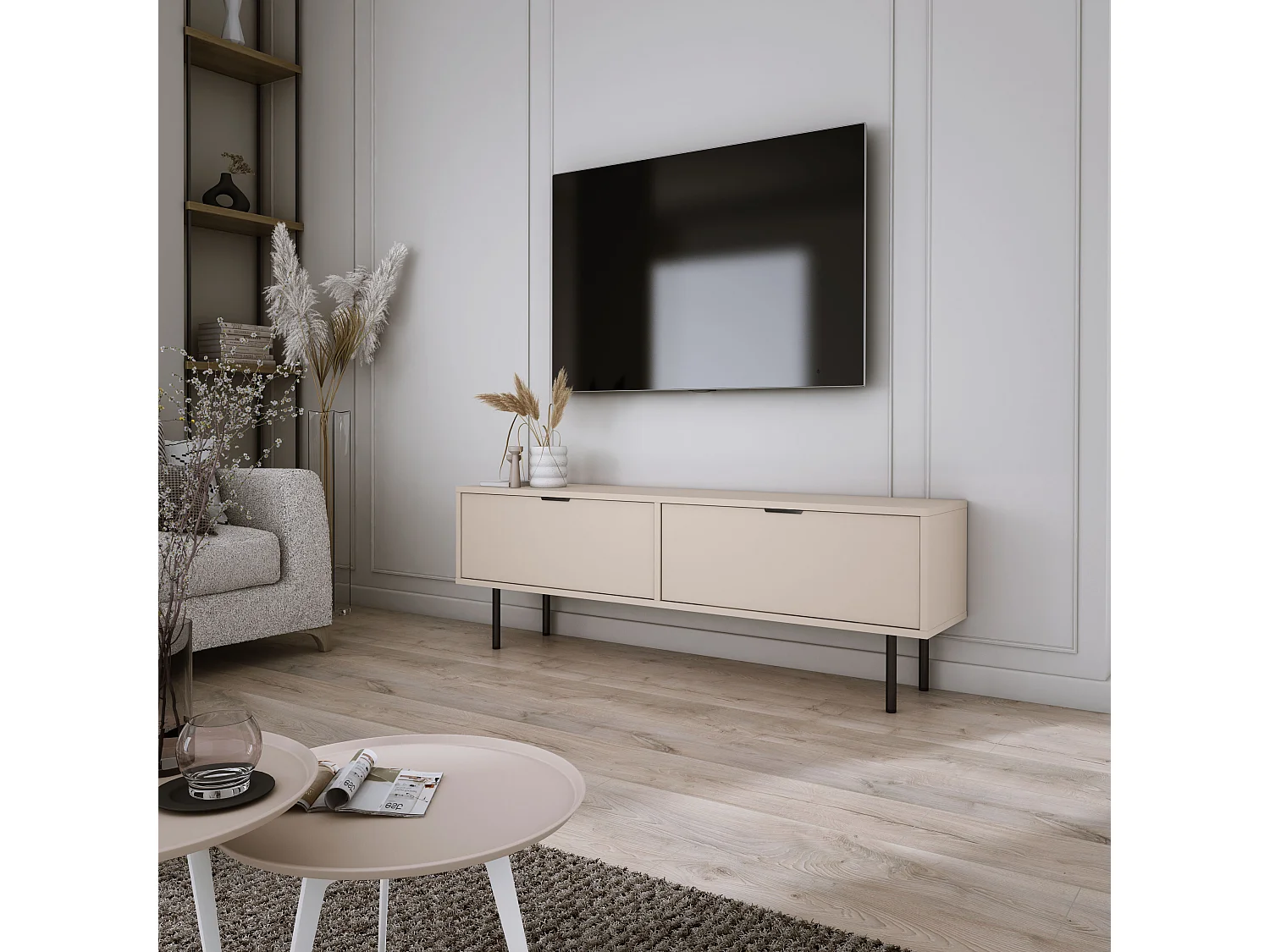 Meuble TV Cachemire, 45 x 140 x 33cm, poignées noires, pieds 15 cm