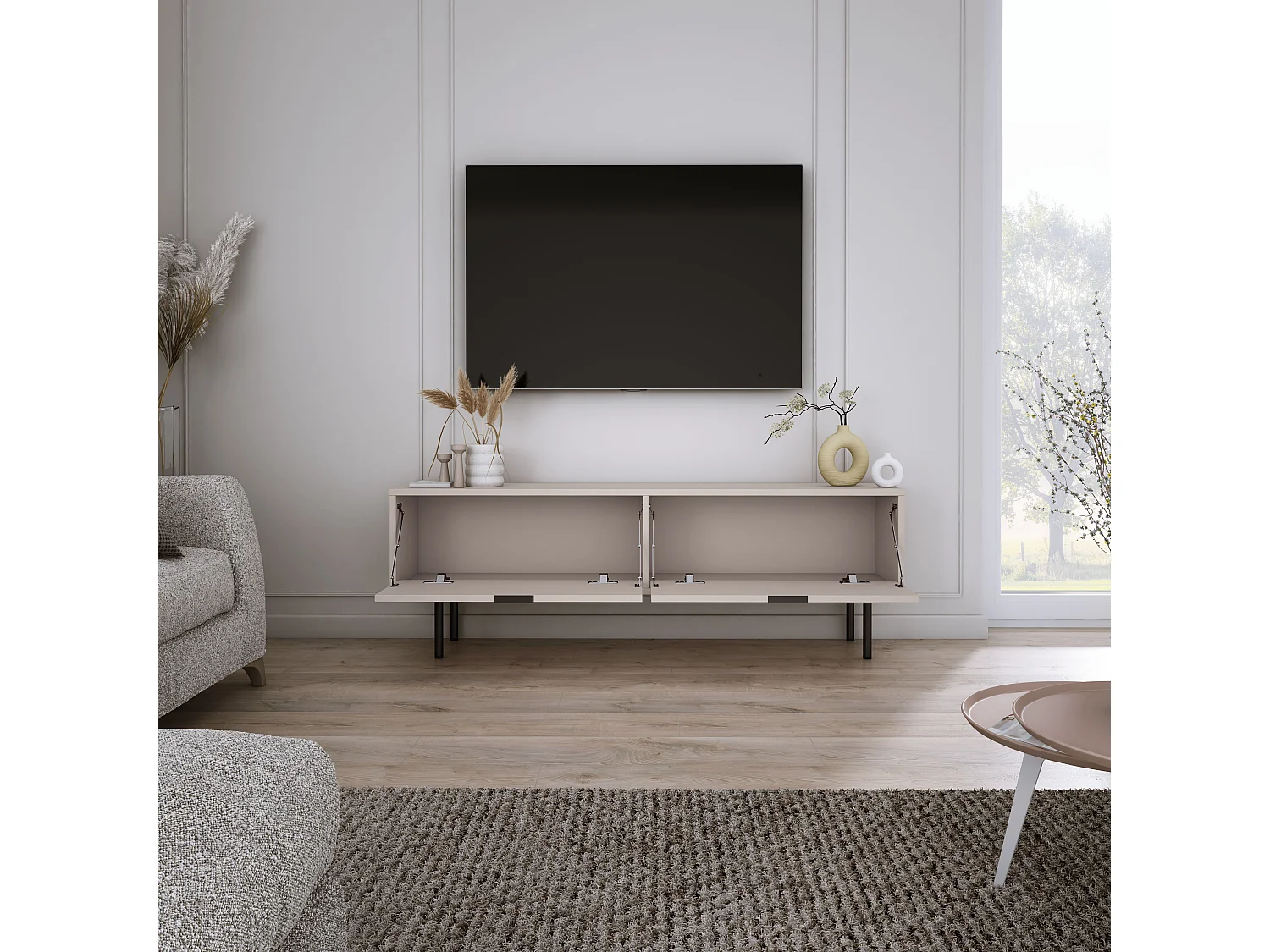 Meuble TV Cachemire, 45 x 140 x 33cm, poignées noires, pieds 15 cm