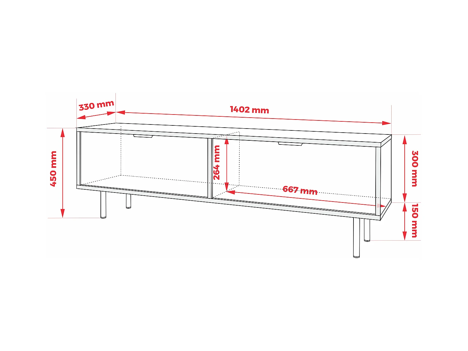 Meuble TV Sage, 45 x 140 x 33cm, poignées noires, pieds 15 cm