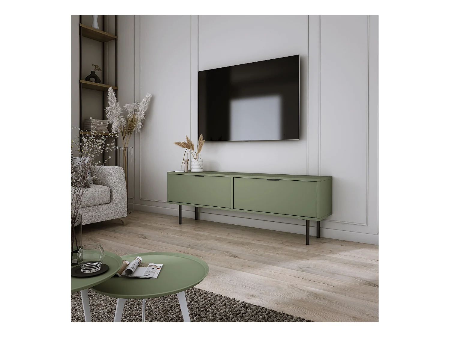 Meuble TV Sage, 45 x 140 x 33cm, poignées noires, pieds 15 cm