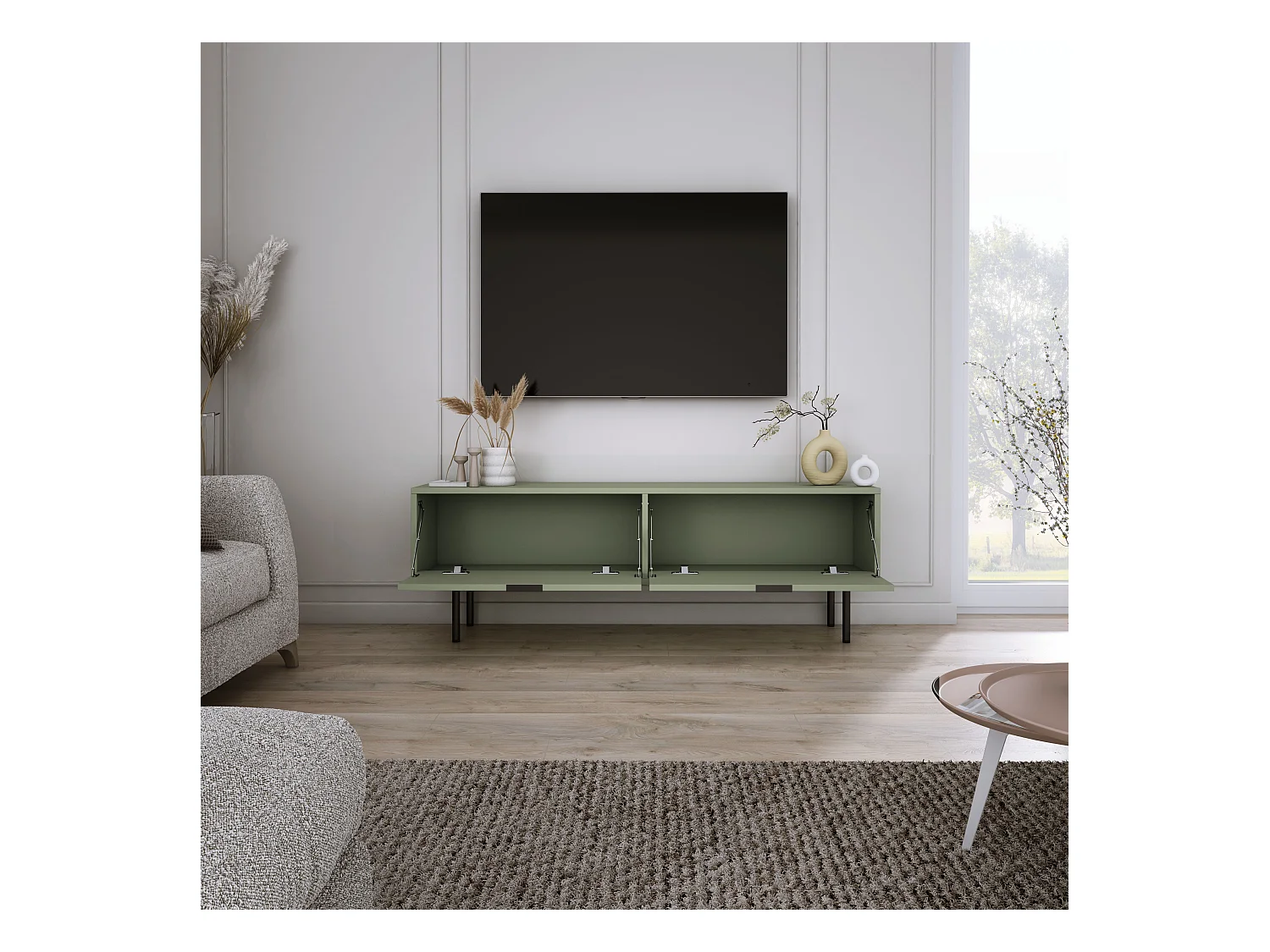 Meuble TV Sage, 45 x 140 x 33cm, poignées noires, pieds 15 cm