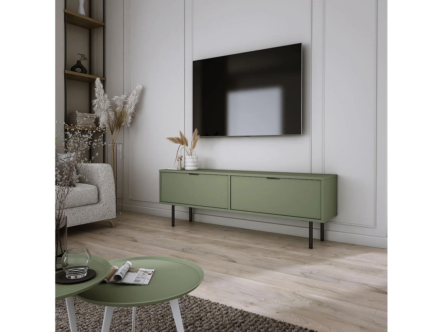 Meuble TV Sage, 45 x 140 x 33cm, poignées noires, pieds 15 cm