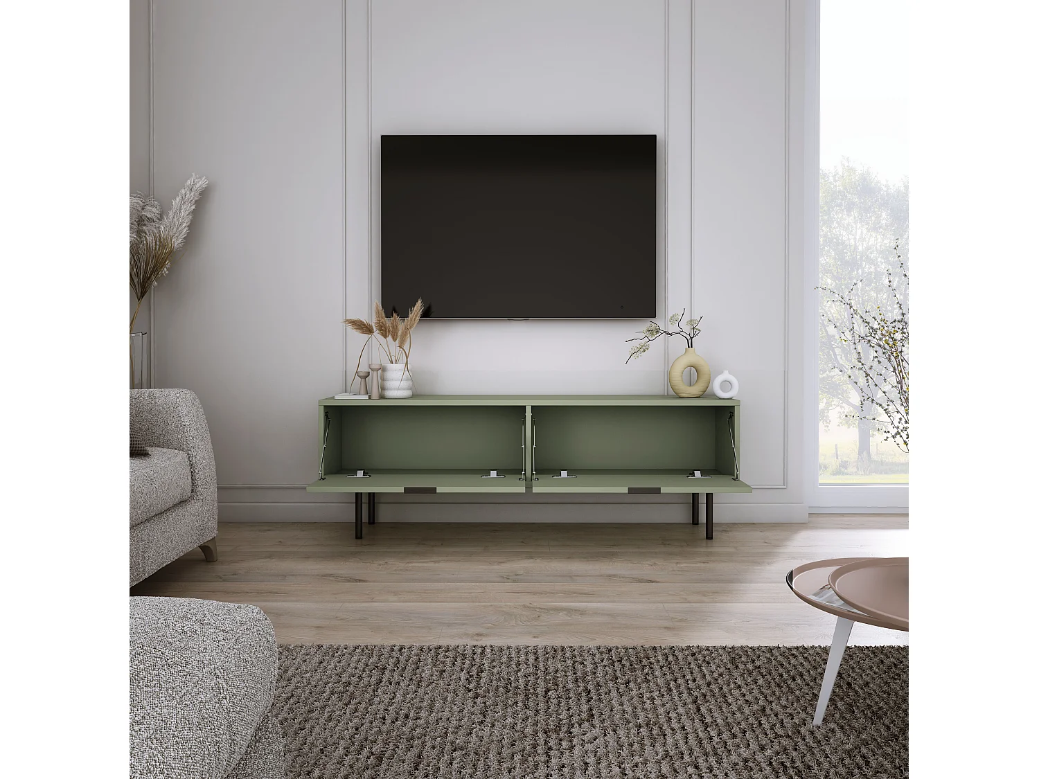 Meuble TV Sage, 45 x 140 x 33cm, poignées noires, pieds 15 cm