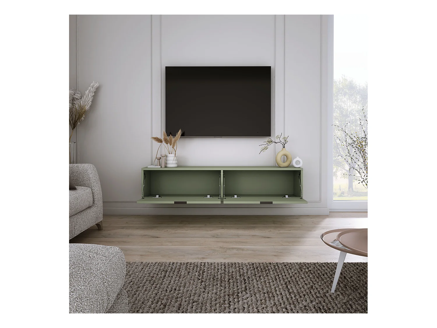 Meuble TV suspendu, Sage, 30 x 140 x 33cm, poignées noires