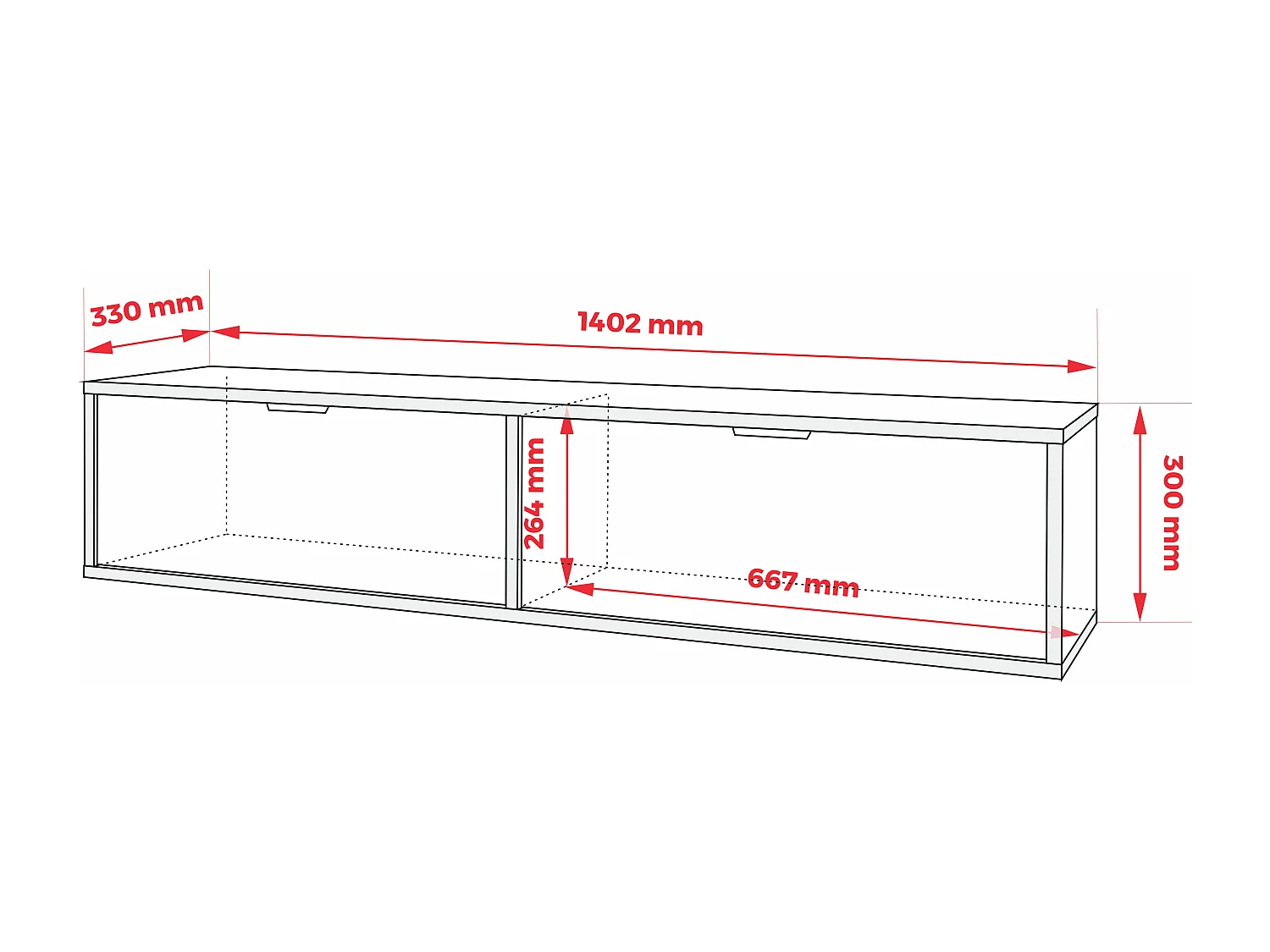 Meuble TV suspendu, Sage, 30 x 140 x 33cm, poignées noires