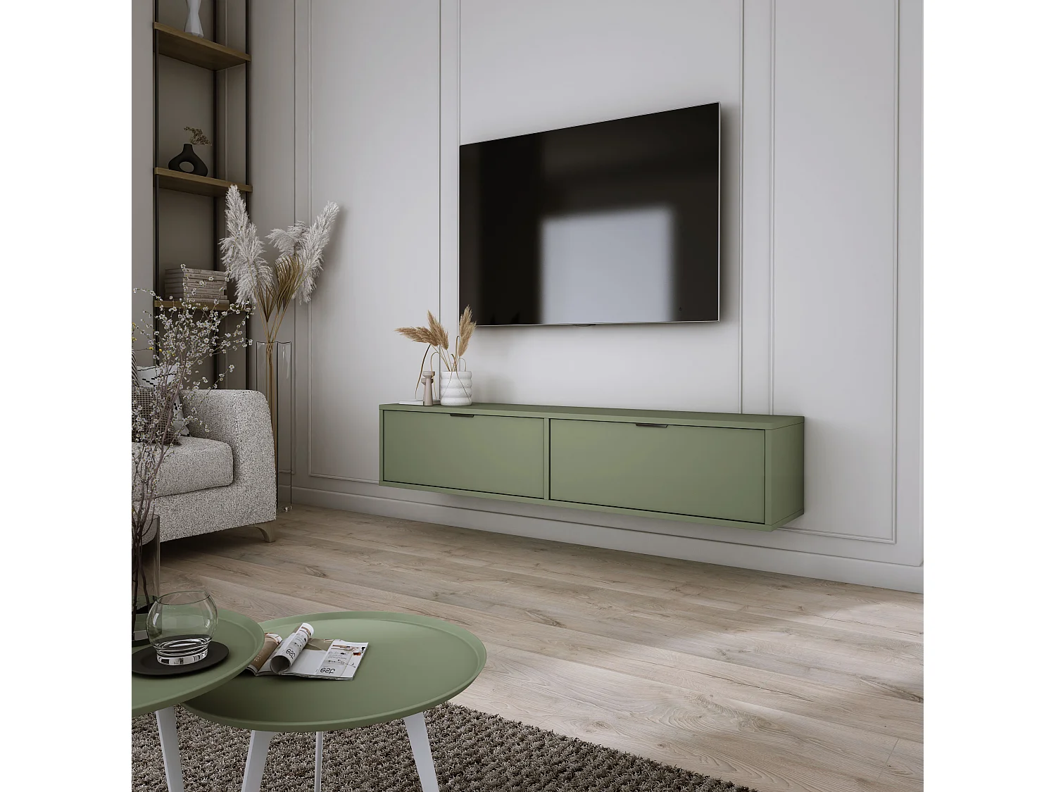 Meuble TV suspendu, Sage, 30 x 140 x 33cm, poignées noires