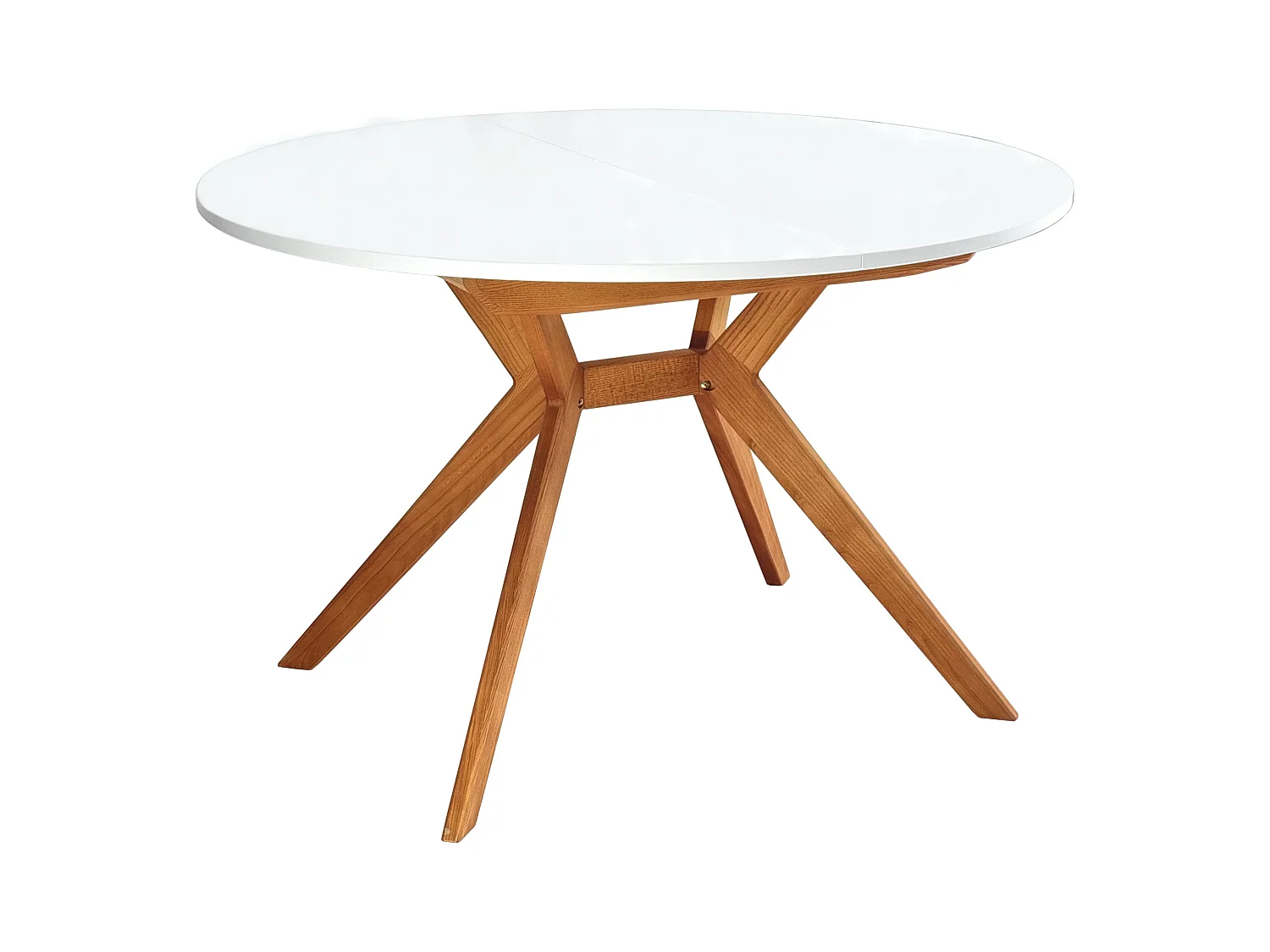 Mesa de jantar redonda extensível 110cm Biju Branca com pernas de carvalho