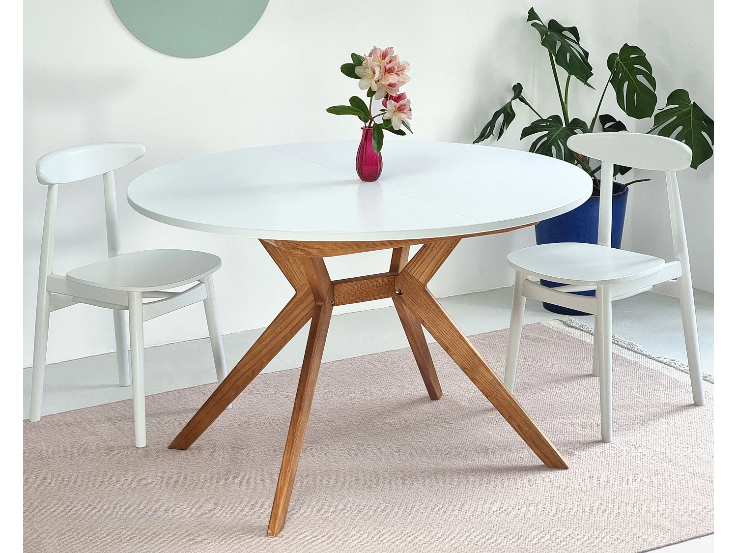 Table à manger ronde extensible 120cm Biju Vieux Rose Chêne