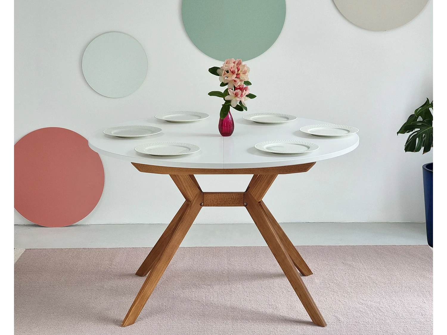 Table à manger ronde extensible 120cm Biju Vieux Rose Chêne