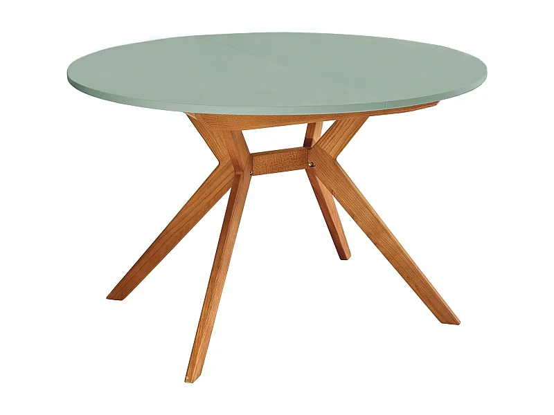 Mesa de jantar redonda extensível 110cm Biju Verde Sálvia com pernas de carvalho