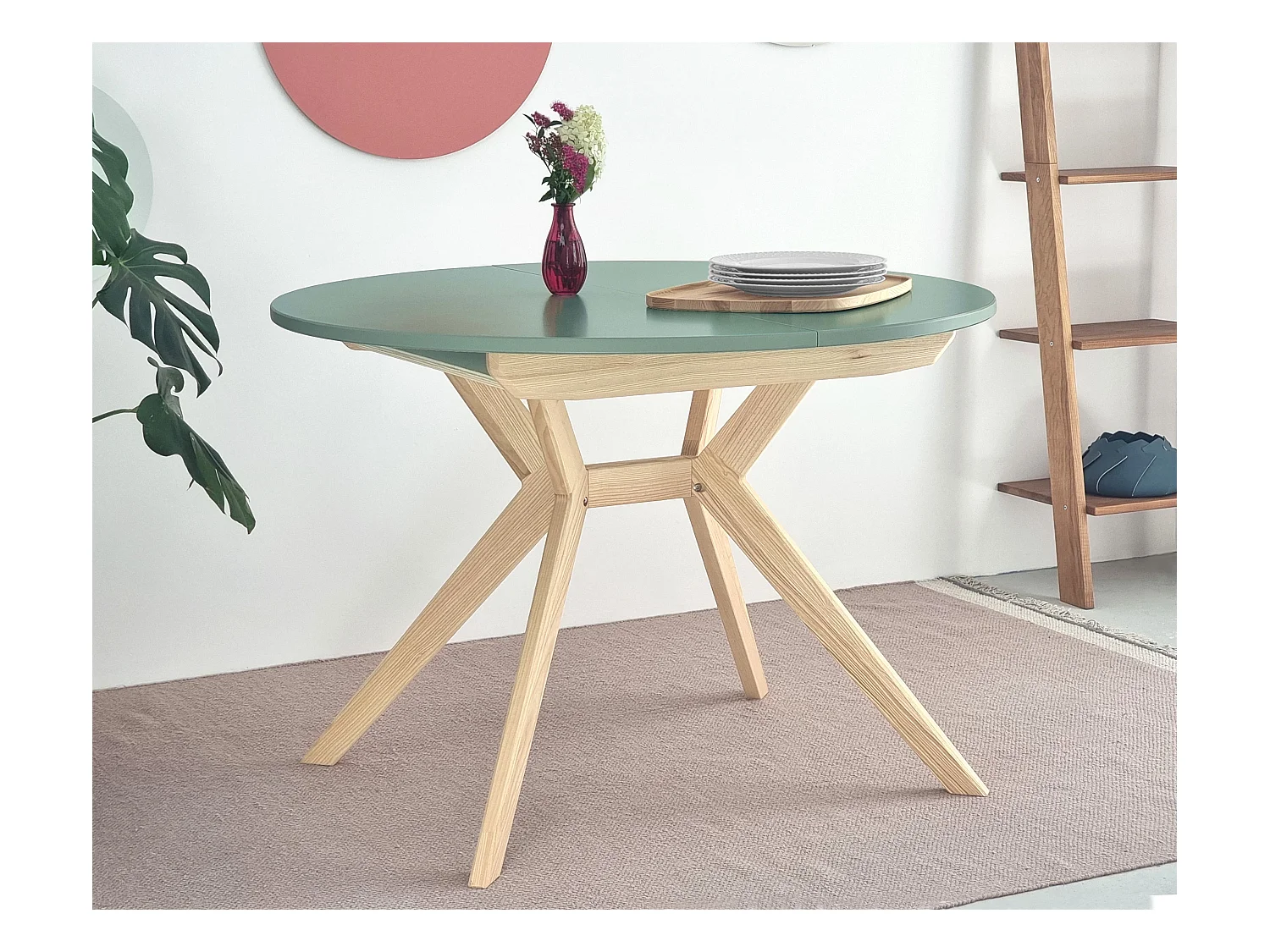 Table à manger ronde extensible 110cm Biju Vert Sauge Chêne
