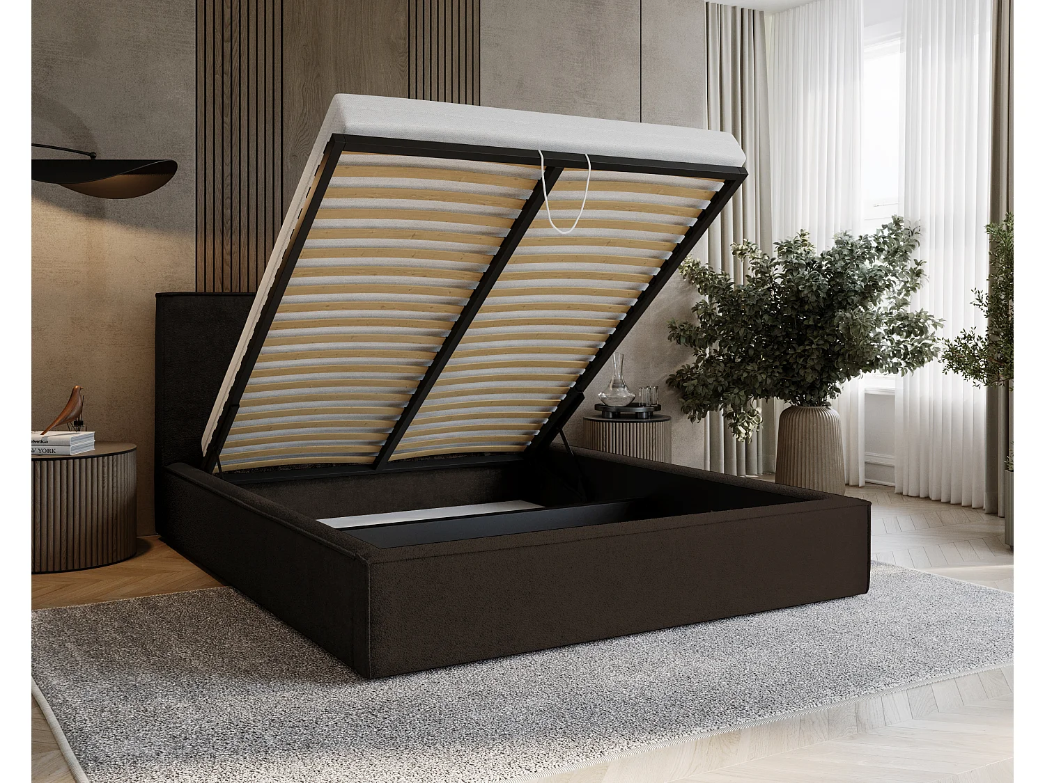 BESILIO Tapicerowane łóżko do sypialni 160x200 Zanzi - stelaż metalowy, pojemnik, ozdobna lamówka, tkanina szenil- Brązowy