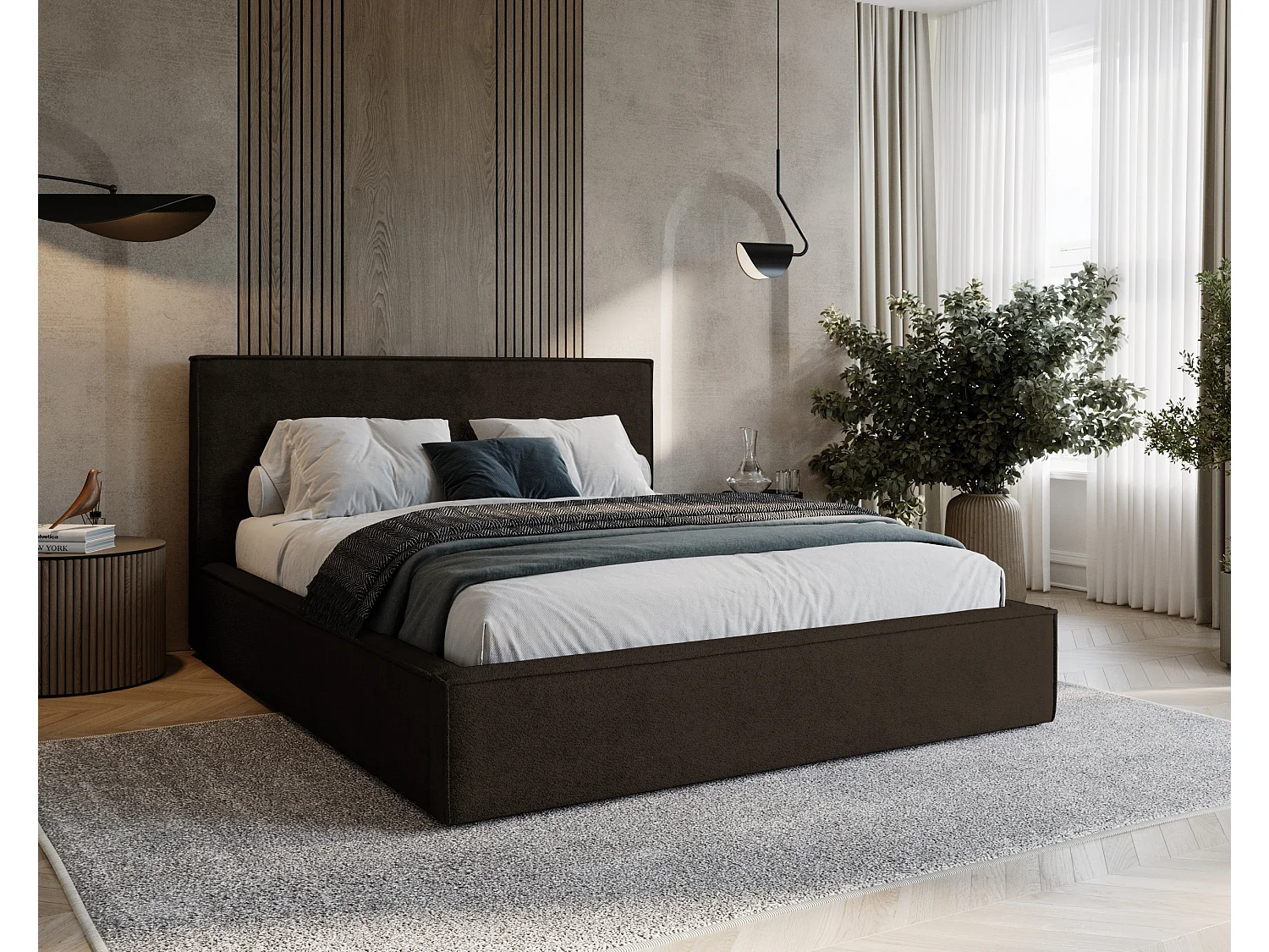 BESILIO Lit tapissé pour chambre à coucher 160x200 Zanzi - cadre métallique, coffre de rangement, bordure décorative, tissu chenille - Marron