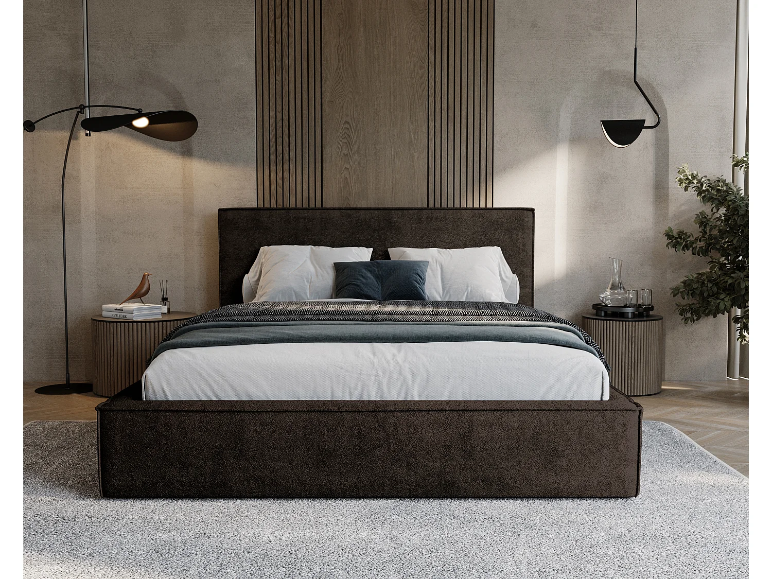 BESILIO Lit tapissé pour chambre à coucher 160x200 Zanzi - cadre métallique, coffre de rangement, bordure décorative, tissu chenille - Marron