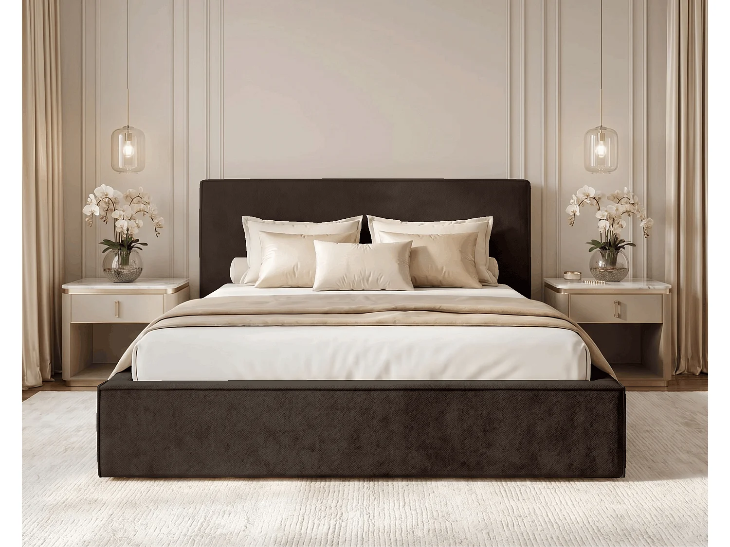 BESILIO Lit tapissé pour chambre à coucher 160x200 Zanzi - cadre métallique, coffre de rangement, bordure décorative, tissu chenille - Marron
