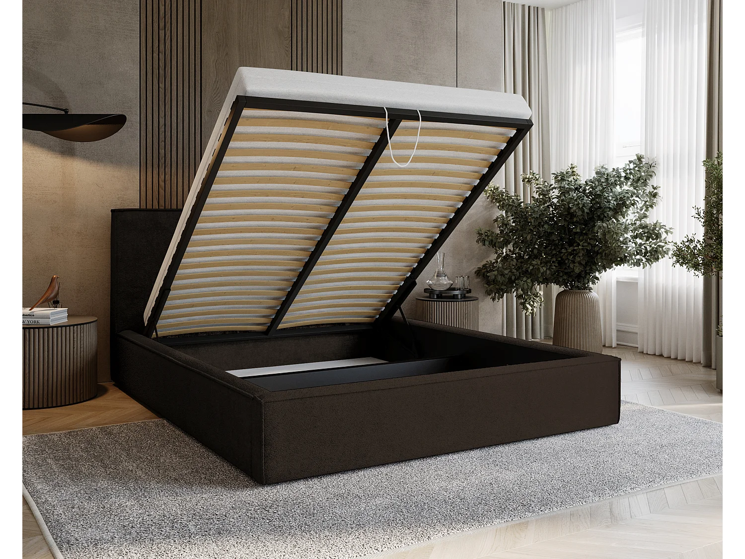 BESILIO Lit tapissé pour chambre à coucher 180x200 Zanzi - cadre métallique, coffre de rangement, bordure décorative, tissu chenille - Marron