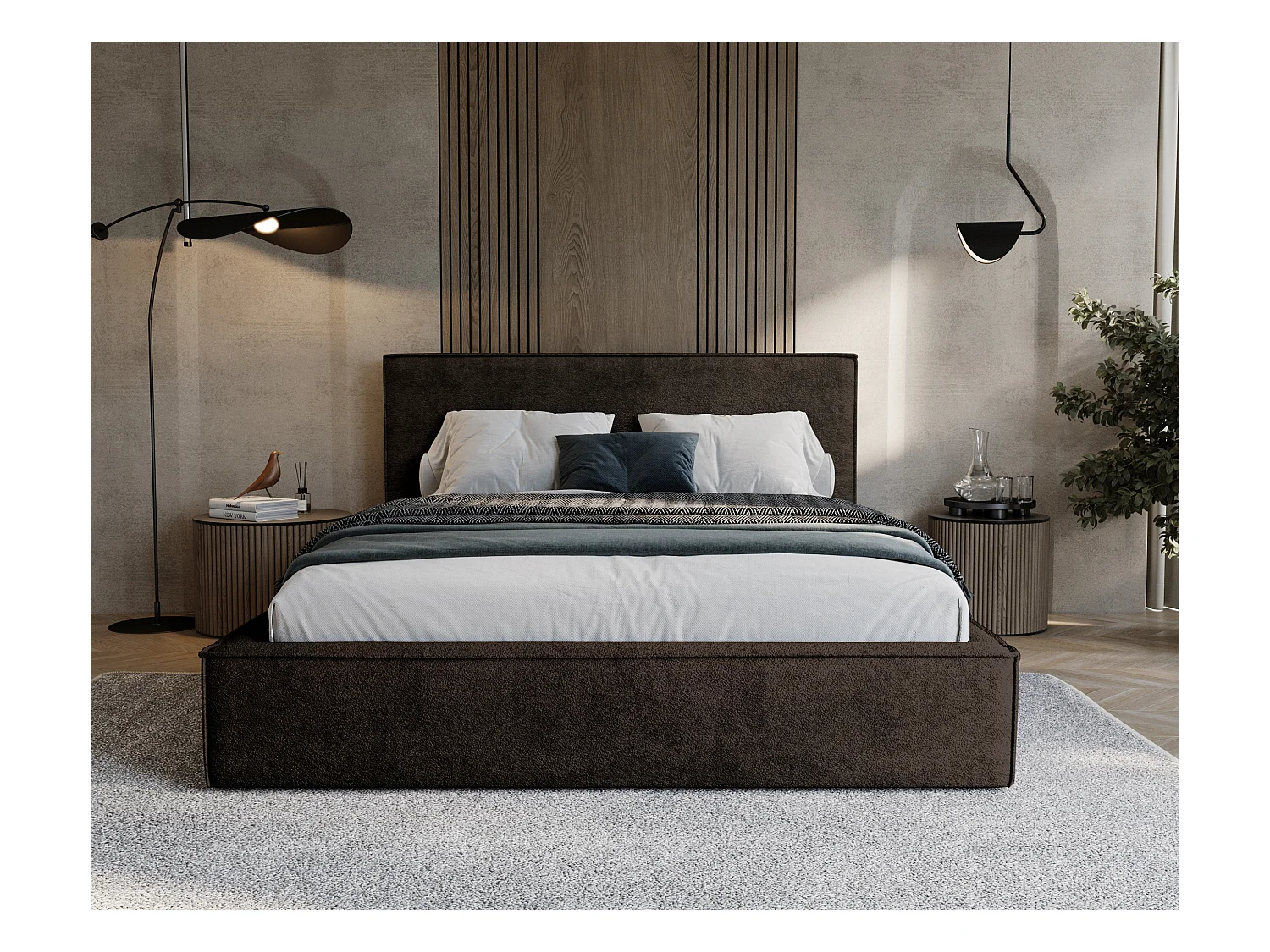 BESILIO Gestoffeerd bed voor slaapkamer 120x200 Zanzi - metalen frame, opbergruimte, decoratieve bies, chenille stof - Bruin