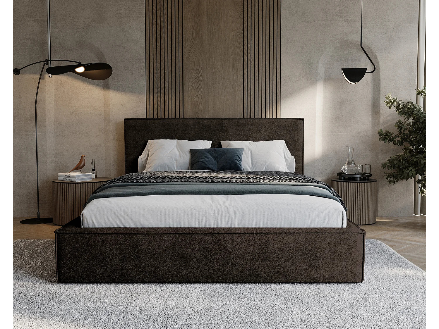 BESILIO Lit tapissé pour chambre à coucher 120x200 Zanzi - cadre métallique, coffre de rangement, bordure décorative, tissu chenille - Marron