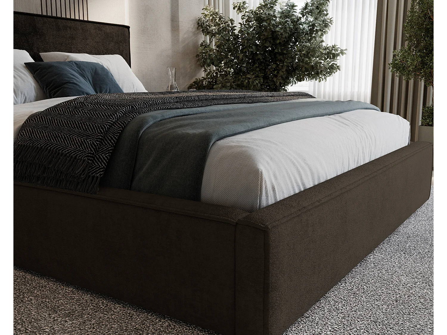 BESILIO Lit tapissé pour chambre à coucher 120x200 Zanzi - cadre métallique, coffre de rangement, bordure décorative, tissu chenille - Marron