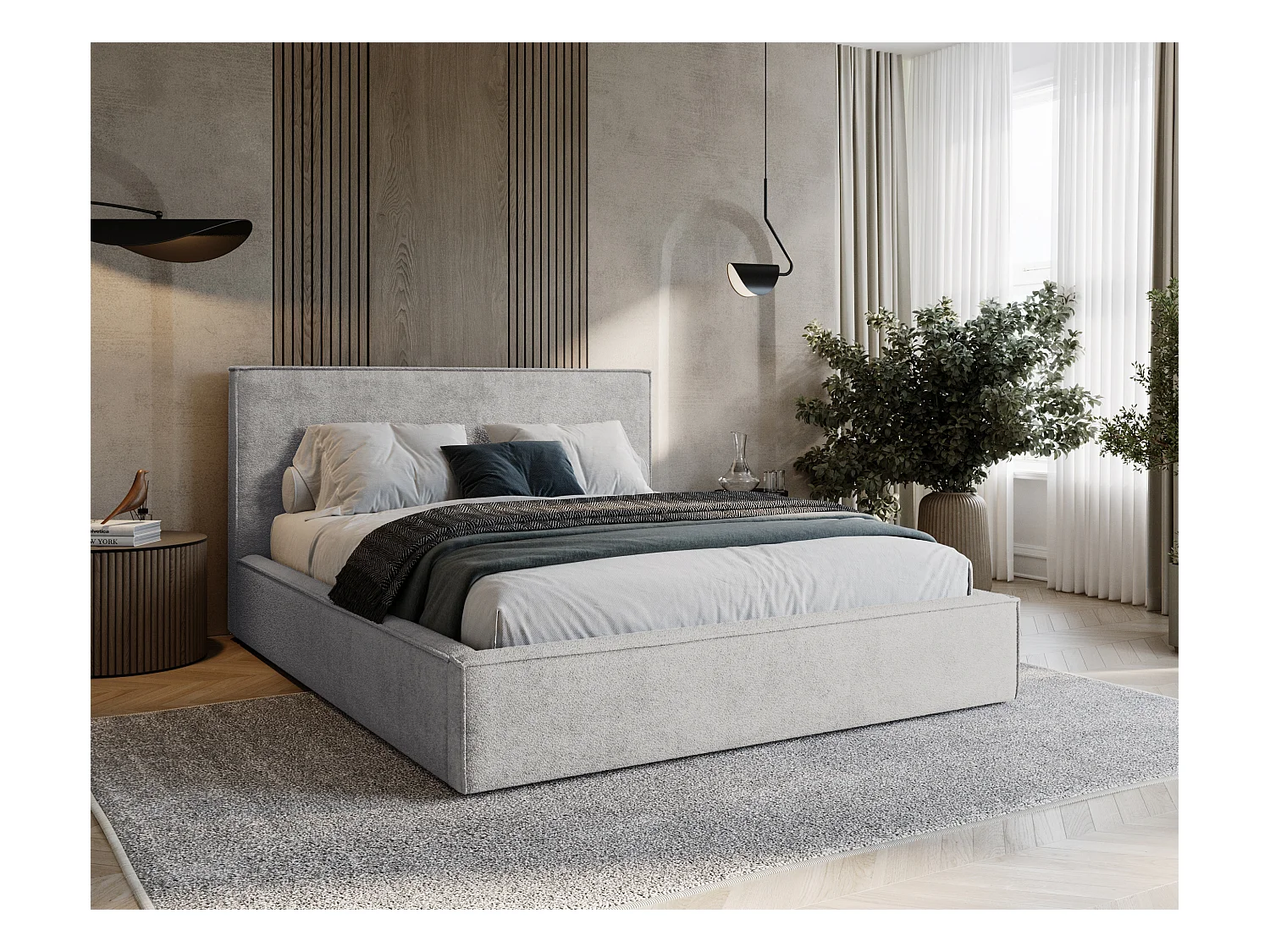 BESILIO Lit tapissé pour chambre à coucher 160x200 Zanzi - cadre métallique, coffre de rangement, bordure décorative, tissu chenille - Gris clair