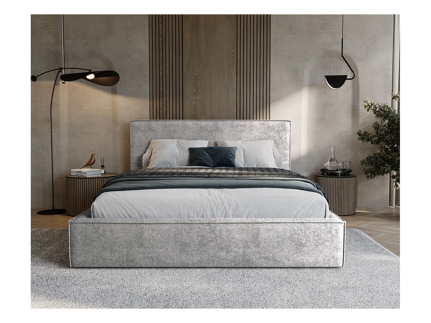 BESILIO Lit tapissé pour chambre à coucher 160x200 Zanzi - cadre métallique, coffre de rangement, bordure décorative, tissu chenille - Gris clair