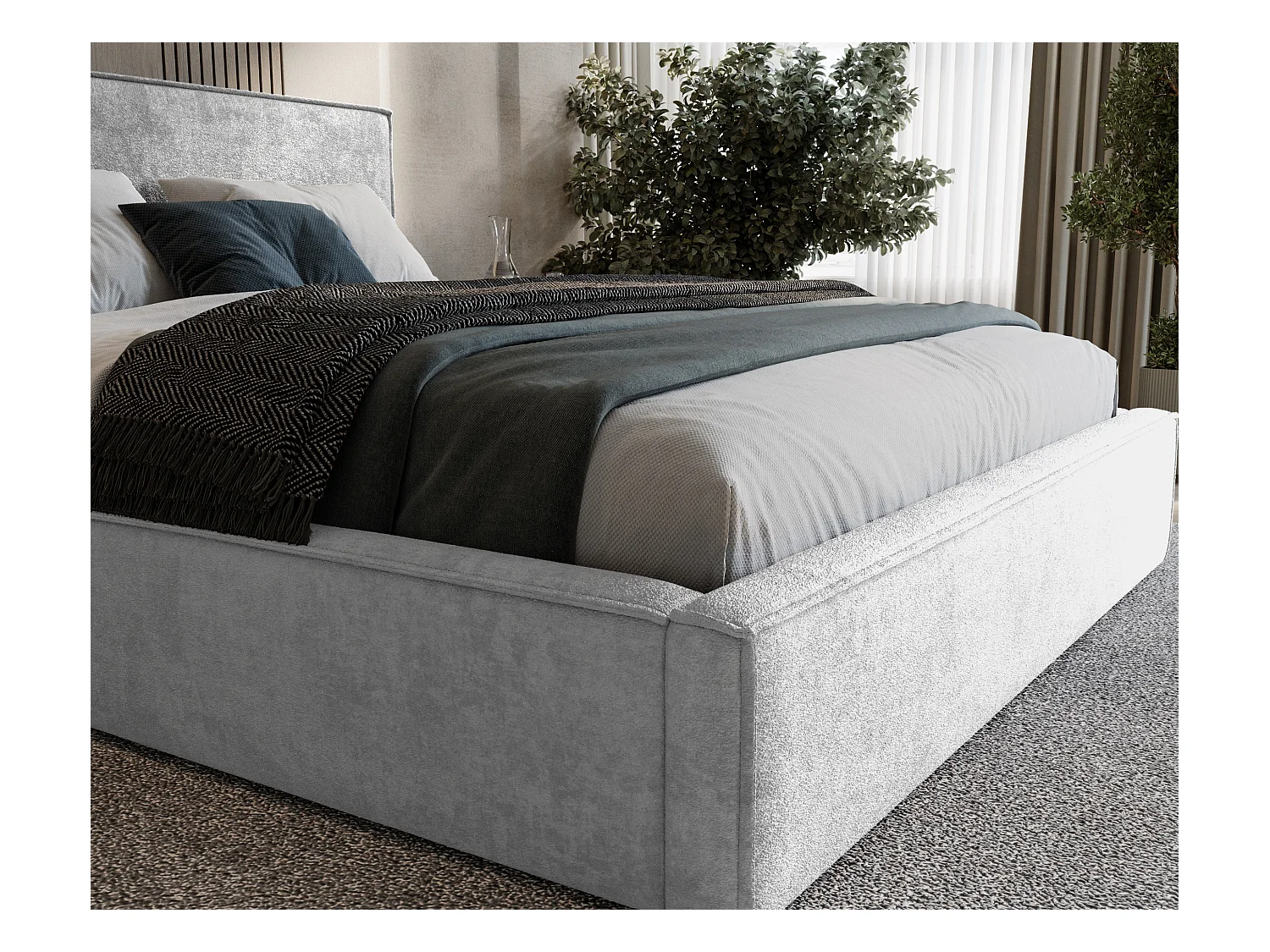 BESILIO Lit tapissé pour chambre à coucher 160x200 Zanzi - cadre métallique, coffre de rangement, bordure décorative, tissu chenille - Gris clair