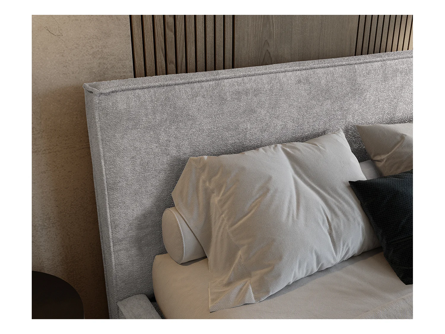 BESILIO Lit tapissé pour chambre à coucher 160x200 Zanzi - cadre métallique, coffre de rangement, bordure décorative, tissu chenille - Gris clair