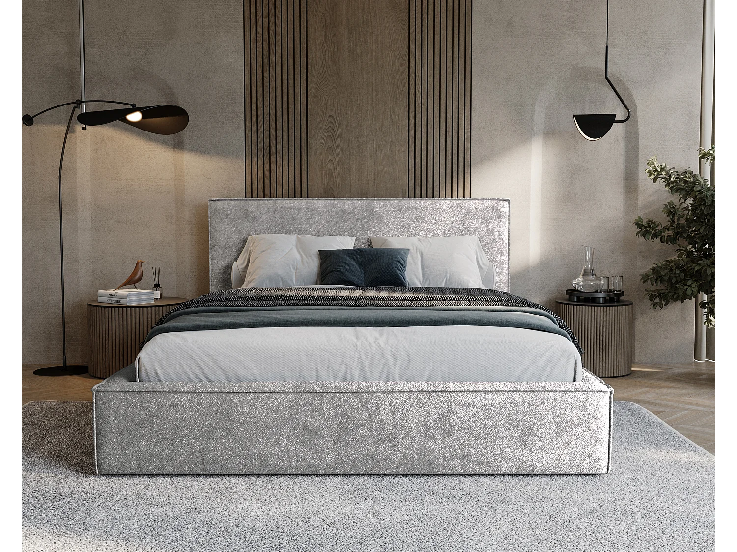 BESILIO Lit tapissé pour chambre à coucher 160x200 Zanzi - cadre métallique, coffre de rangement, bordure décorative, tissu chenille - Gris clair