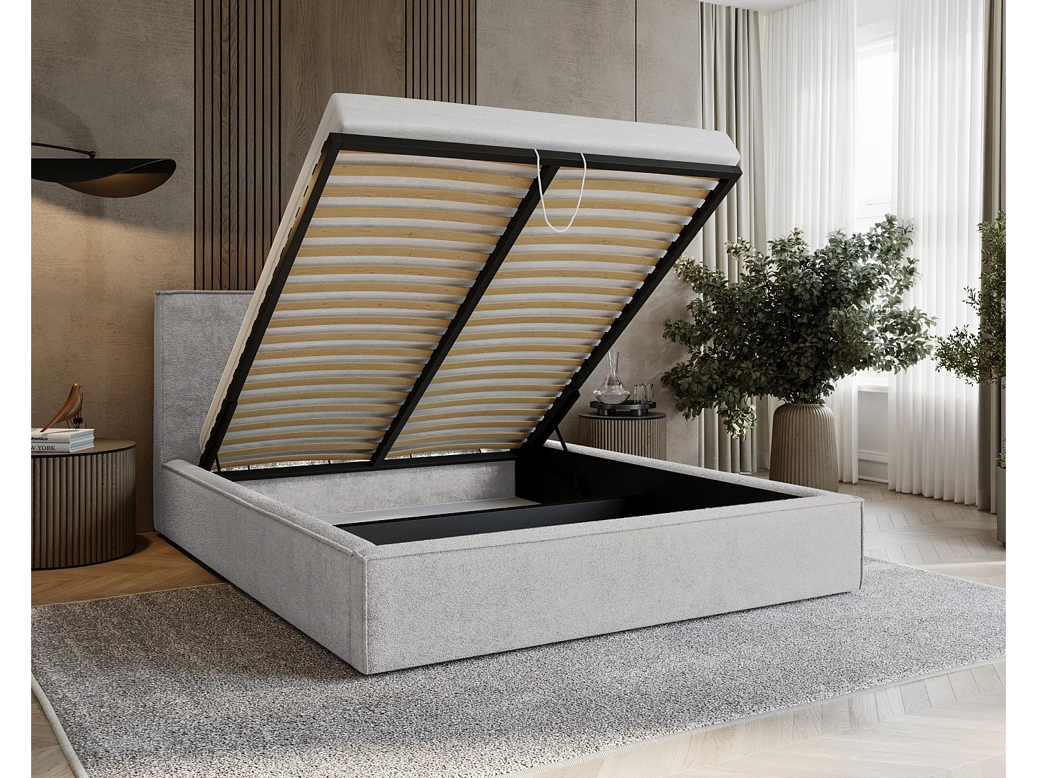 BESILIO Lit tapissé pour chambre à coucher 160x200 Zanzi - cadre métallique, coffre de rangement, bordure décorative, tissu chenille - Gris clair
