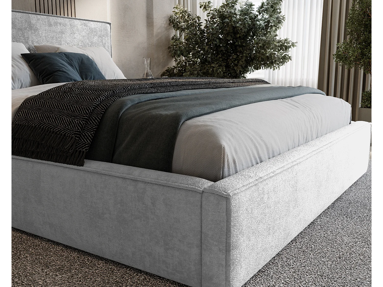 BESILIO Lit tapissé pour chambre à coucher 160x200 Zanzi - cadre métallique, coffre de rangement, bordure décorative, tissu chenille - Gris clair