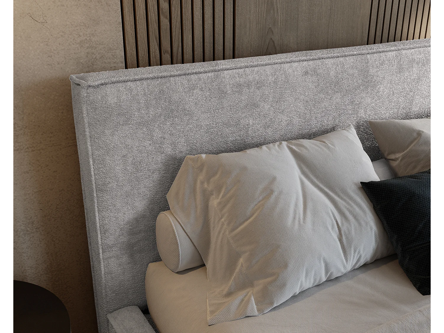 BESILIO Lit tapissé pour chambre à coucher 160x200 Zanzi - cadre métallique, coffre de rangement, bordure décorative, tissu chenille - Gris clair