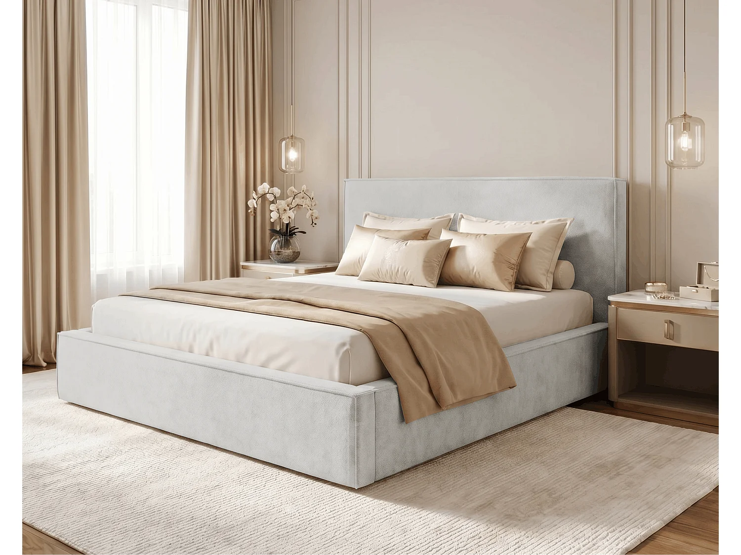BESILIO Lit tapissé pour chambre à coucher 160x200 Zanzi - cadre métallique, coffre de rangement, bordure décorative, tissu chenille - Gris clair