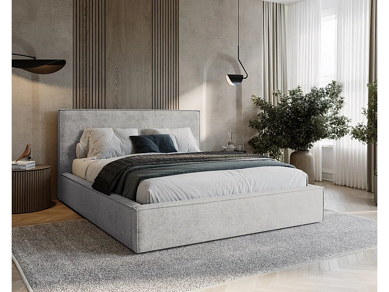 BESILIO Lit tapissé pour chambre à coucher 160x200 Zanzi - cadre métallique, coffre de rangement, bordure décorative, tissu chenille - Gris clair