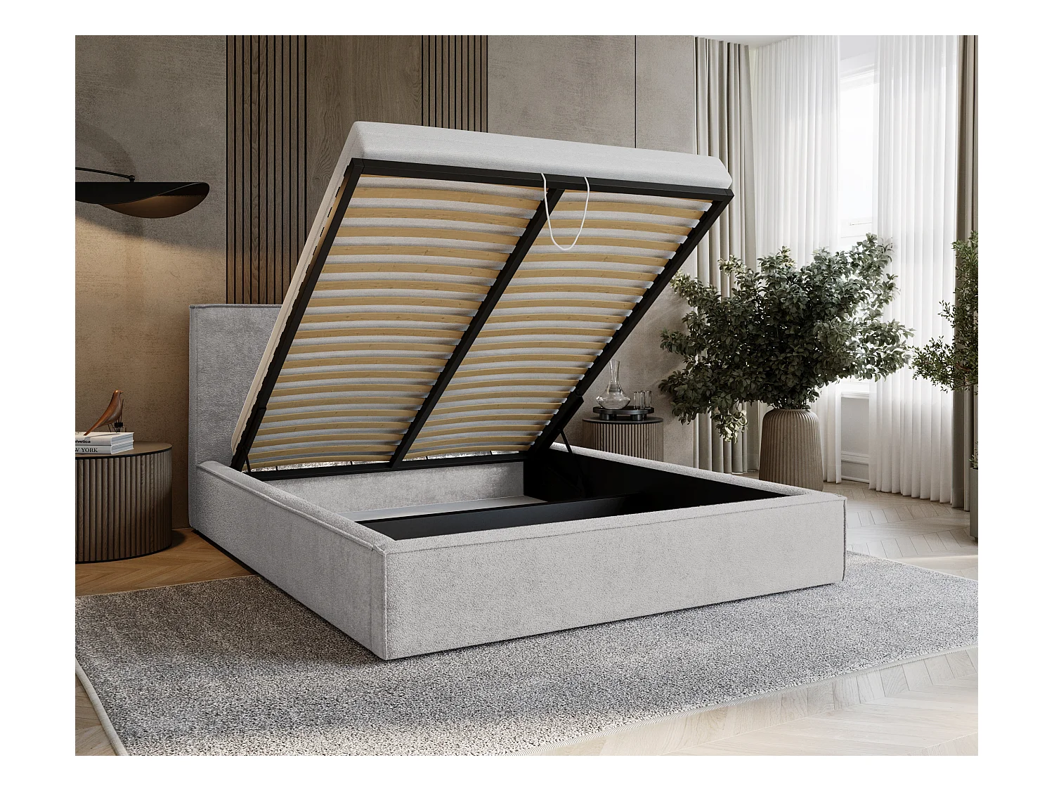 BESILIO Tapicerowane łóżko do sypialni 140x200 Zanzi - stelaż metalowy, pojemnik, ozdobna lamówka, tkanina szenil- Jasnoszary