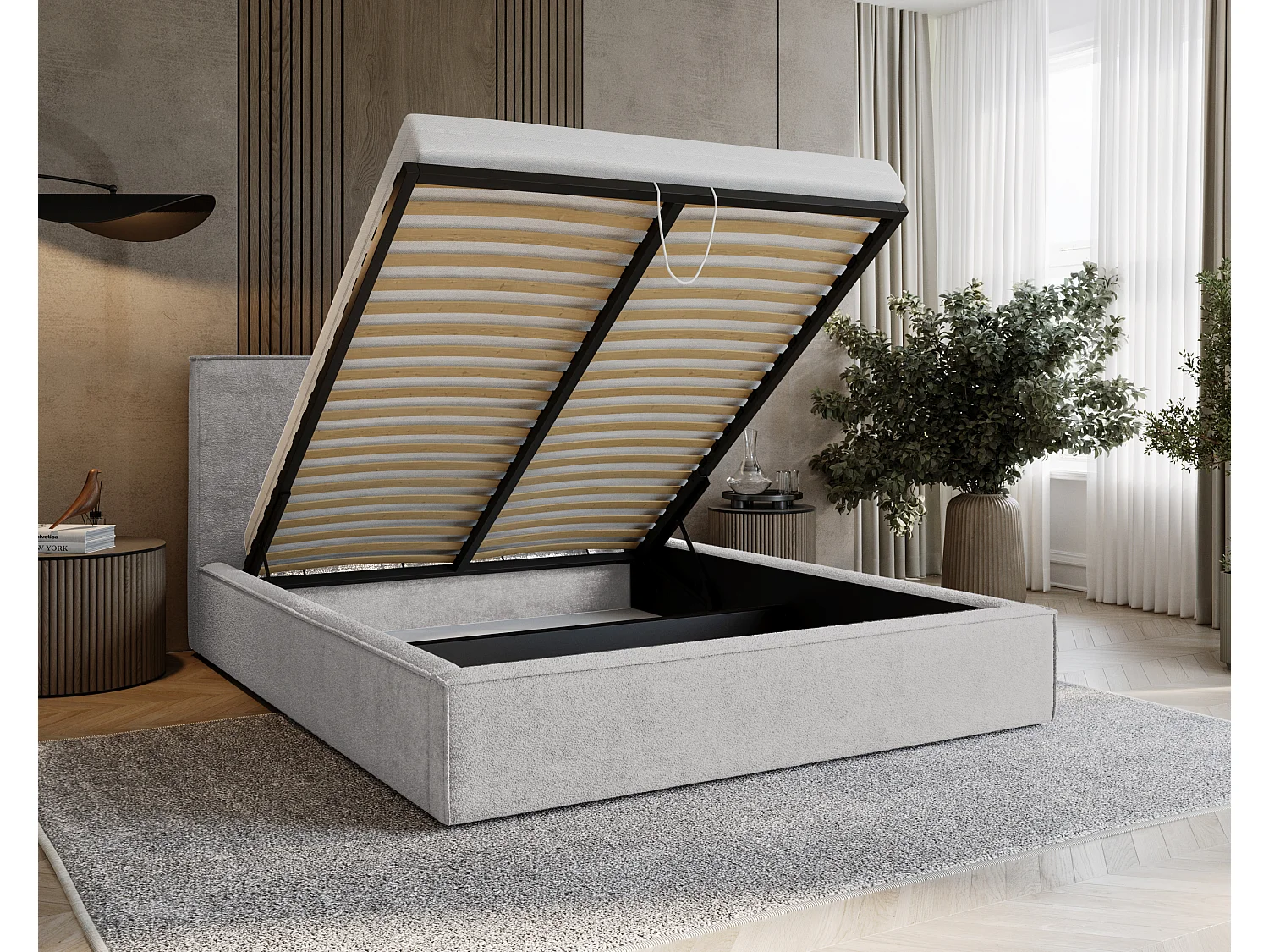 BESILIO Tapicerowane łóżko do sypialni 120x200 Zanzi - stelaż metalowy, pojemnik, ozdobna lamówka, tkanina szenil- Jasnoszary