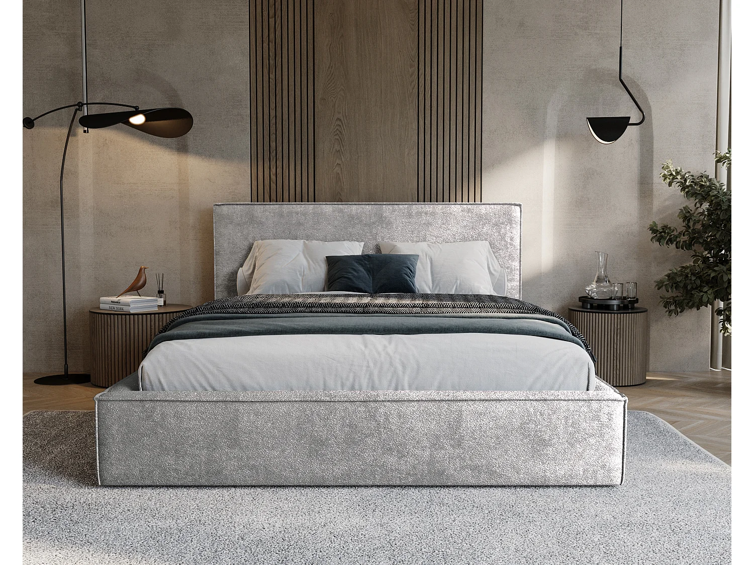 BESILIO Lit tapissé pour chambre à coucher 120x200 Zanzi - cadre métallique, coffre de rangement, bordure décorative, tissu chenille - Gris clair