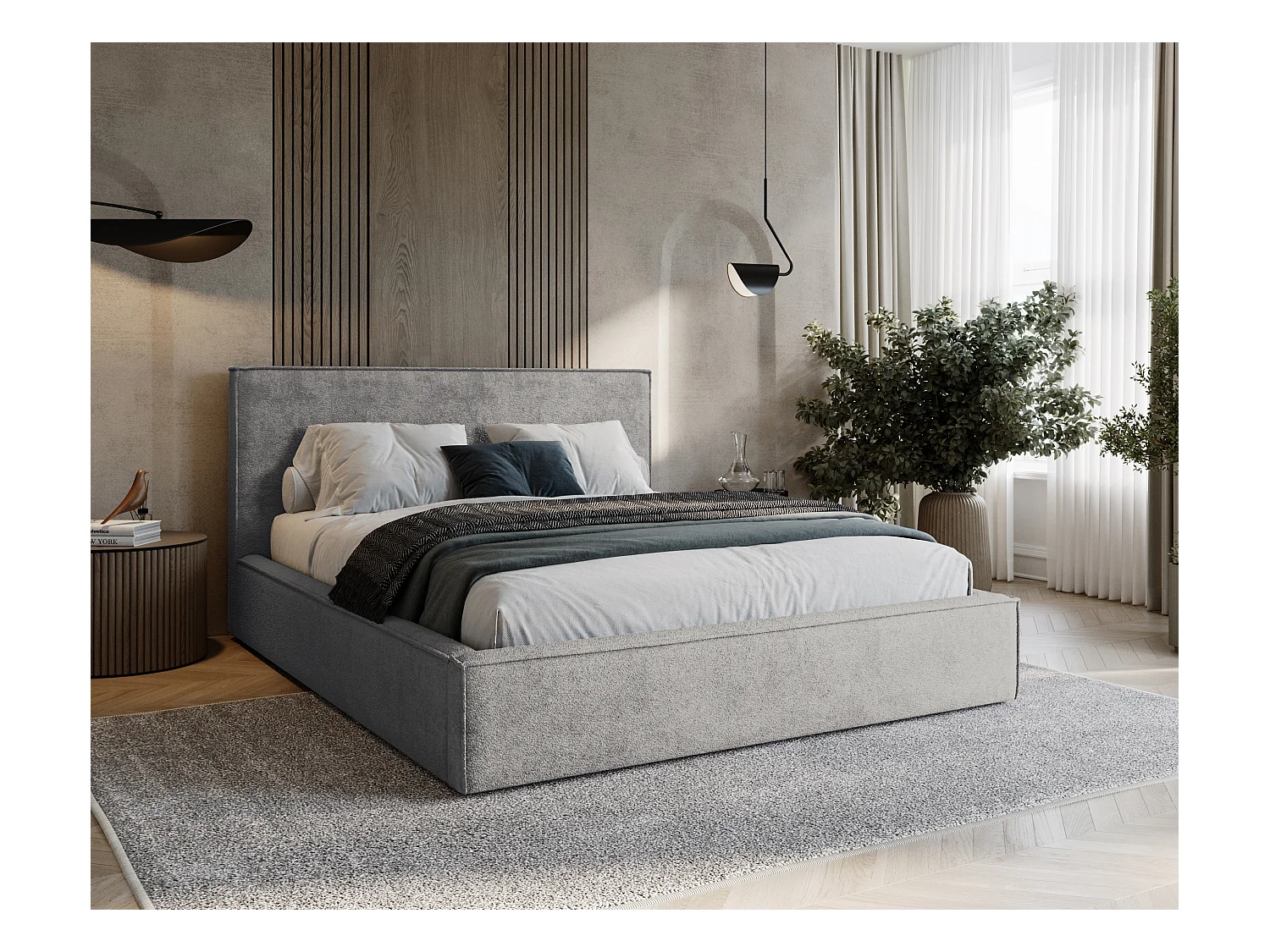 BESILIO Lit tapissé pour chambre à coucher 160x200 Zanzi - cadre métallique, coffre de rangement, bordure décorative, tissu chenille - Gris