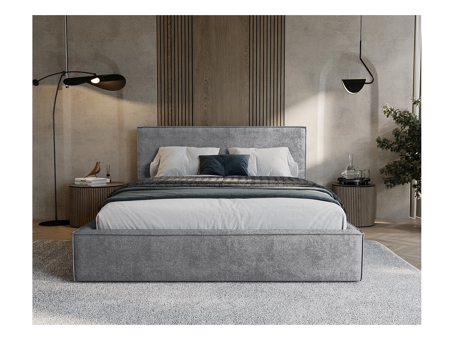 BESILIO Lit tapissé pour chambre à coucher 160x200 Zanzi - cadre métallique, coffre de rangement, bordure décorative, tissu chenille - Gris