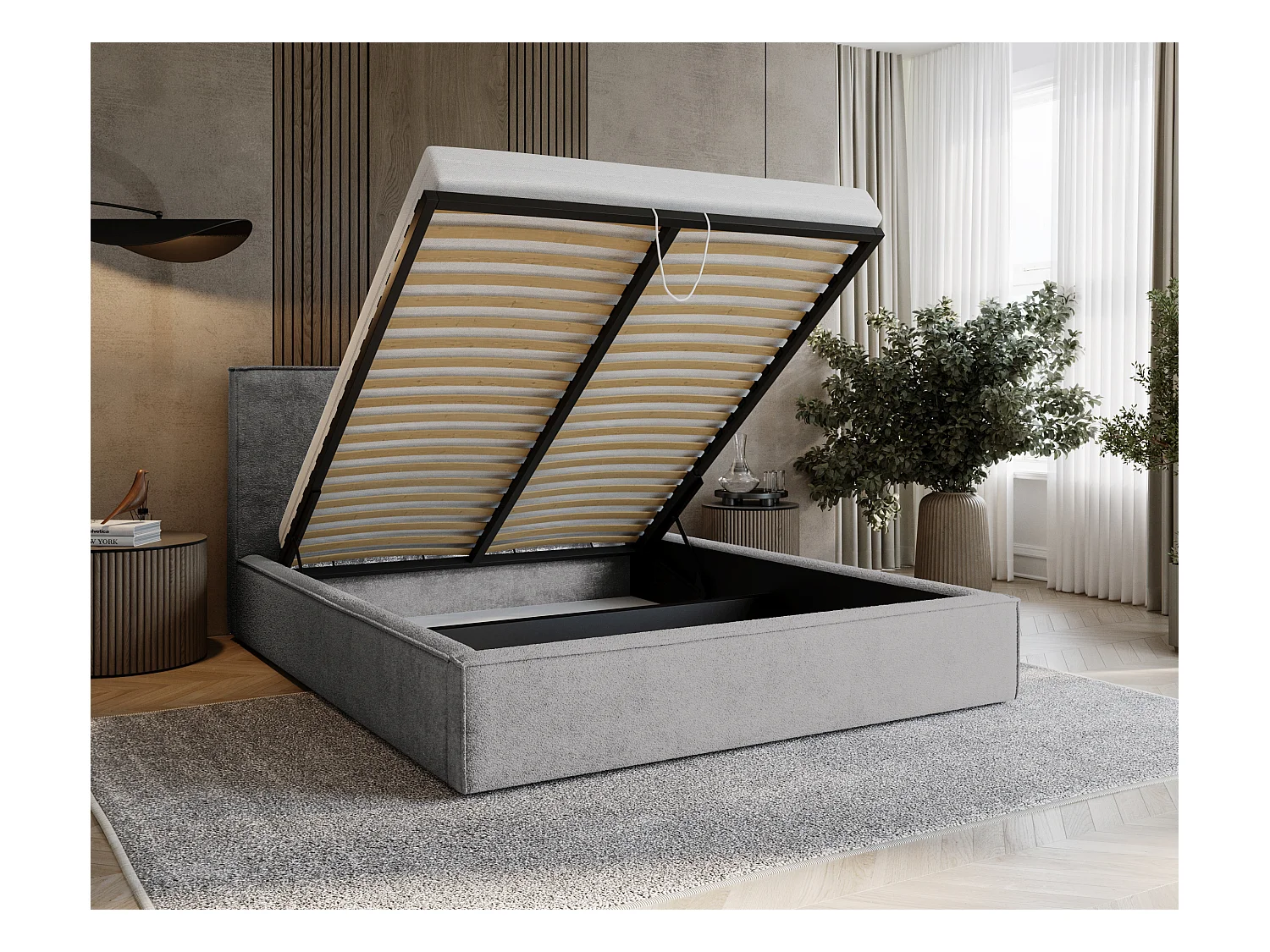 BESILIO Lit tapissé pour chambre à coucher 160x200 Zanzi - cadre métallique, coffre de rangement, bordure décorative, tissu chenille - Gris