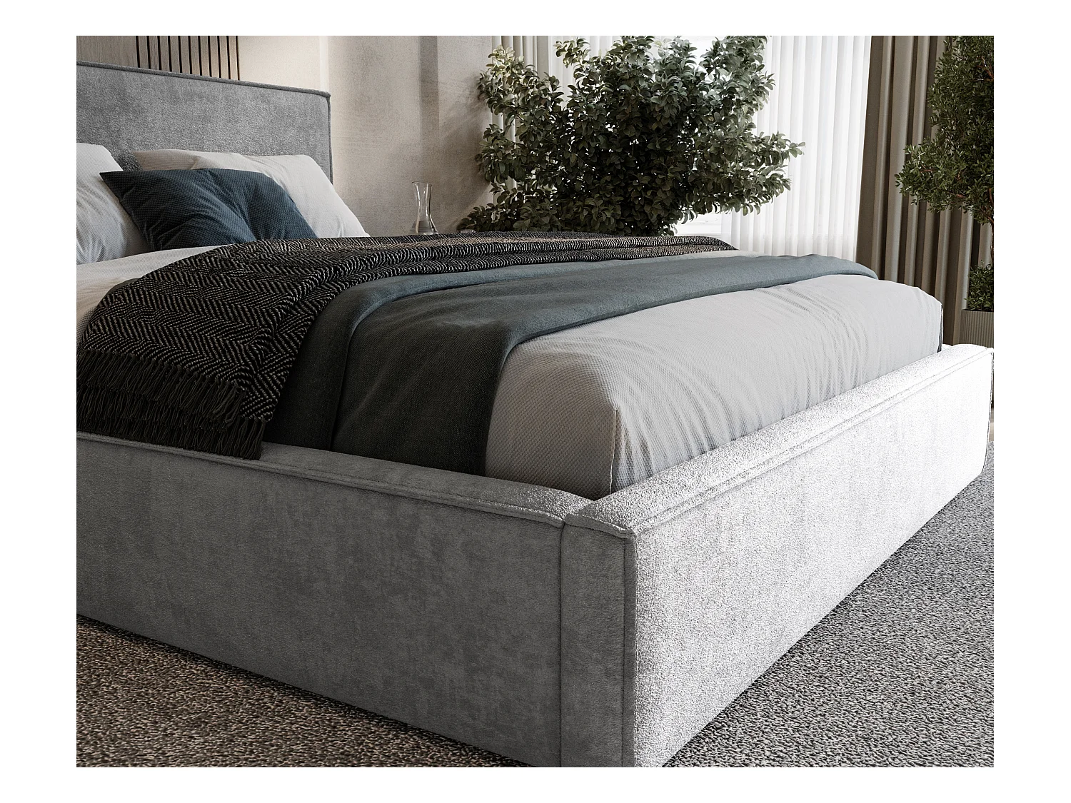 BESILIO Lit tapissé pour chambre à coucher 160x200 Zanzi - cadre métallique, coffre de rangement, bordure décorative, tissu chenille - Gris