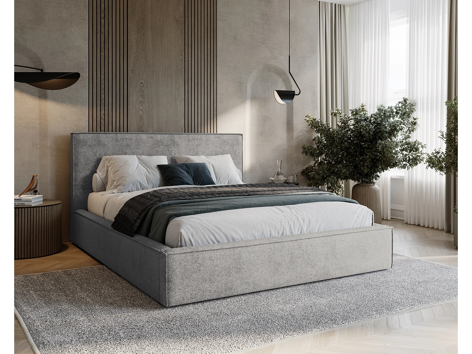 BESILIO Lit tapissé pour chambre à coucher 160x200 Zanzi - cadre métallique, coffre de rangement, bordure décorative, tissu chenille - Gris