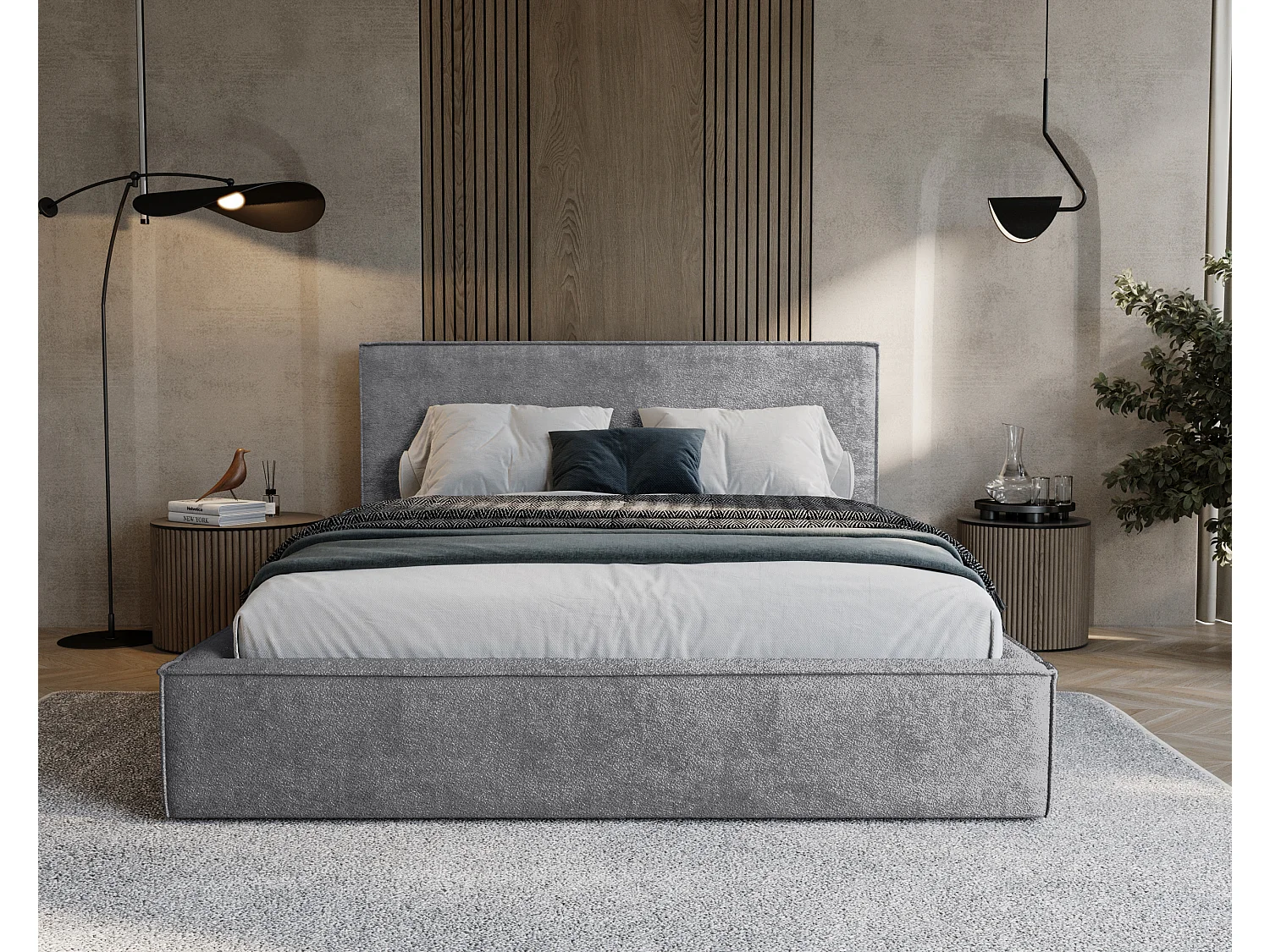 BESILIO Lit tapissé pour chambre à coucher 160x200 Zanzi - cadre métallique, coffre de rangement, bordure décorative, tissu chenille - Gris