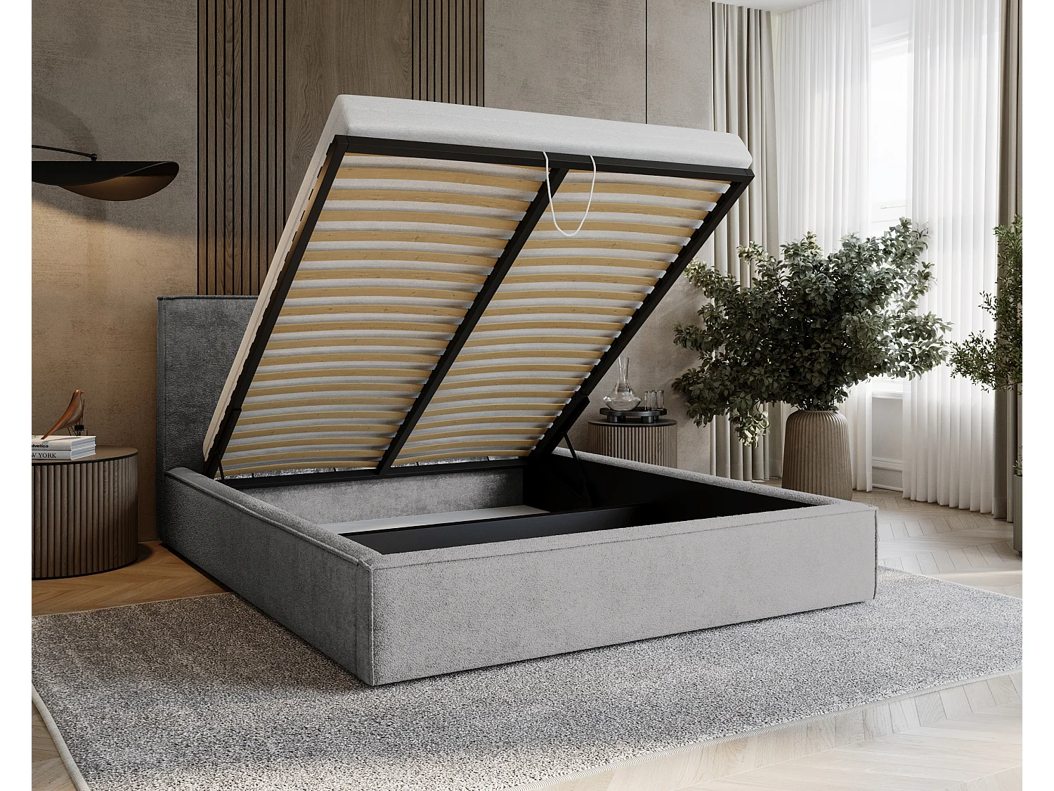 BESILIO Lit tapissé pour chambre à coucher 160x200 Zanzi - cadre métallique, coffre de rangement, bordure décorative, tissu chenille - Gris