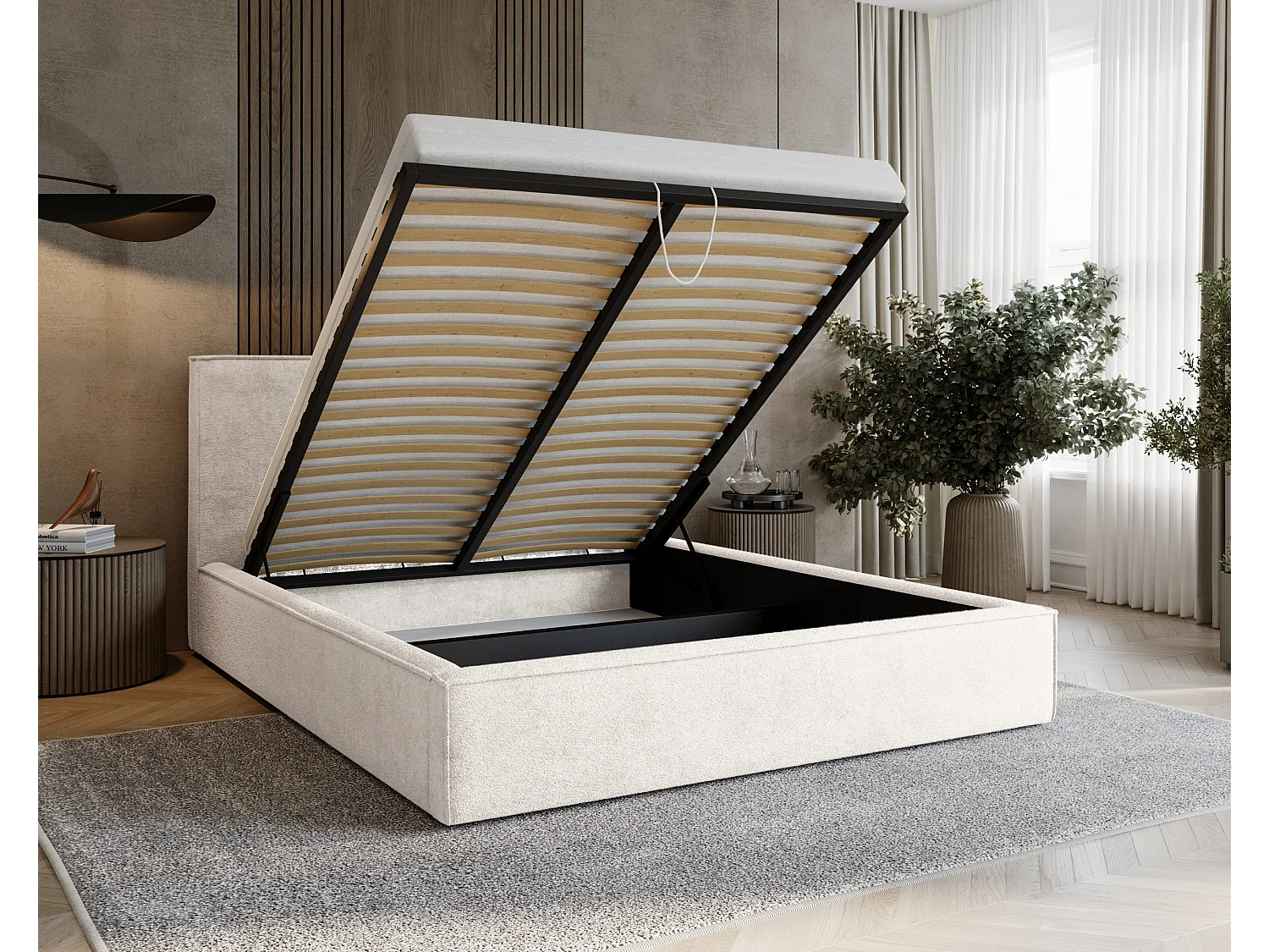 BESILIO Tapicerowane łóżko do sypialni 120x200 Zanzi - stelaż metalowy, pojemnik, ozdobna lamówka, tkanina szenil- Kremowy