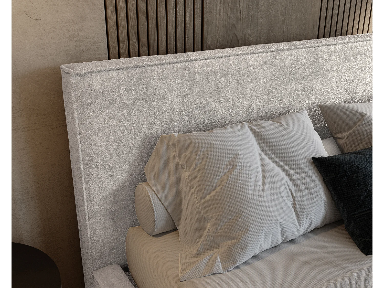 BESILIO Tapicerowane łóżko do sypialni 120x200 Zanzi - stelaż metalowy, pojemnik, ozdobna lamówka, tkanina szenil- Kremowy