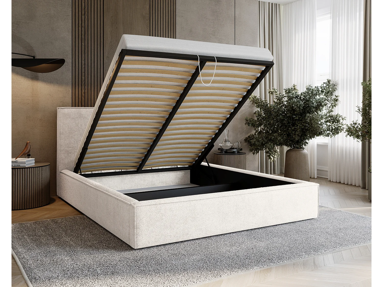 BESILIO Lit tapissé pour chambre à coucher 120x200 Zanzi - cadre métallique, coffre de rangement, bordure décorative, tissu chenille - Crème