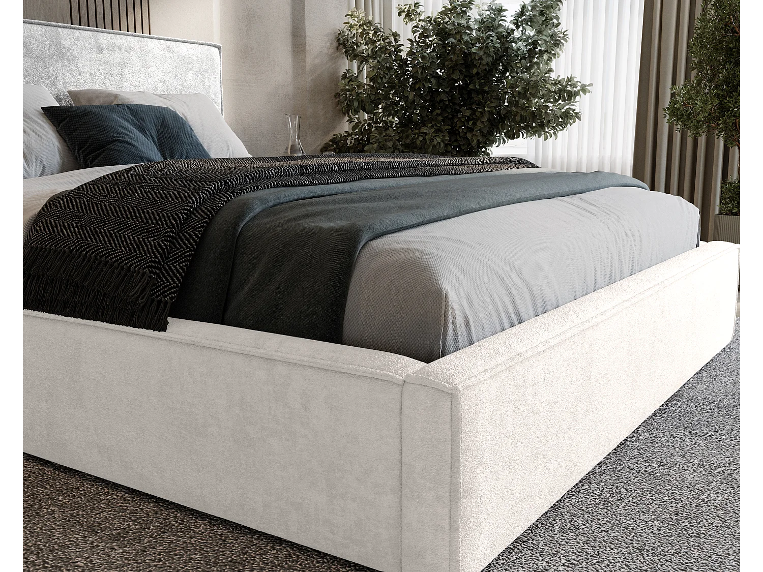 BESILIO Lit tapissé pour chambre à coucher 120x200 Zanzi - cadre métallique, coffre de rangement, bordure décorative, tissu chenille - Crème