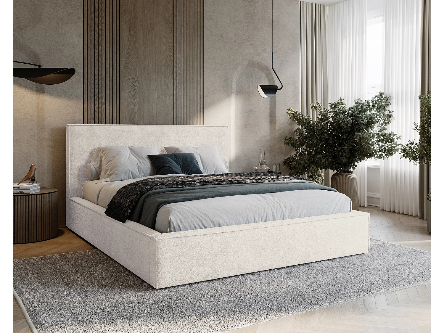 BESILIO Lit tapissé pour chambre à coucher 140x200 Zanzi - cadre métallique, coffre de rangement, bordure décorative, tissu chenille - Crème