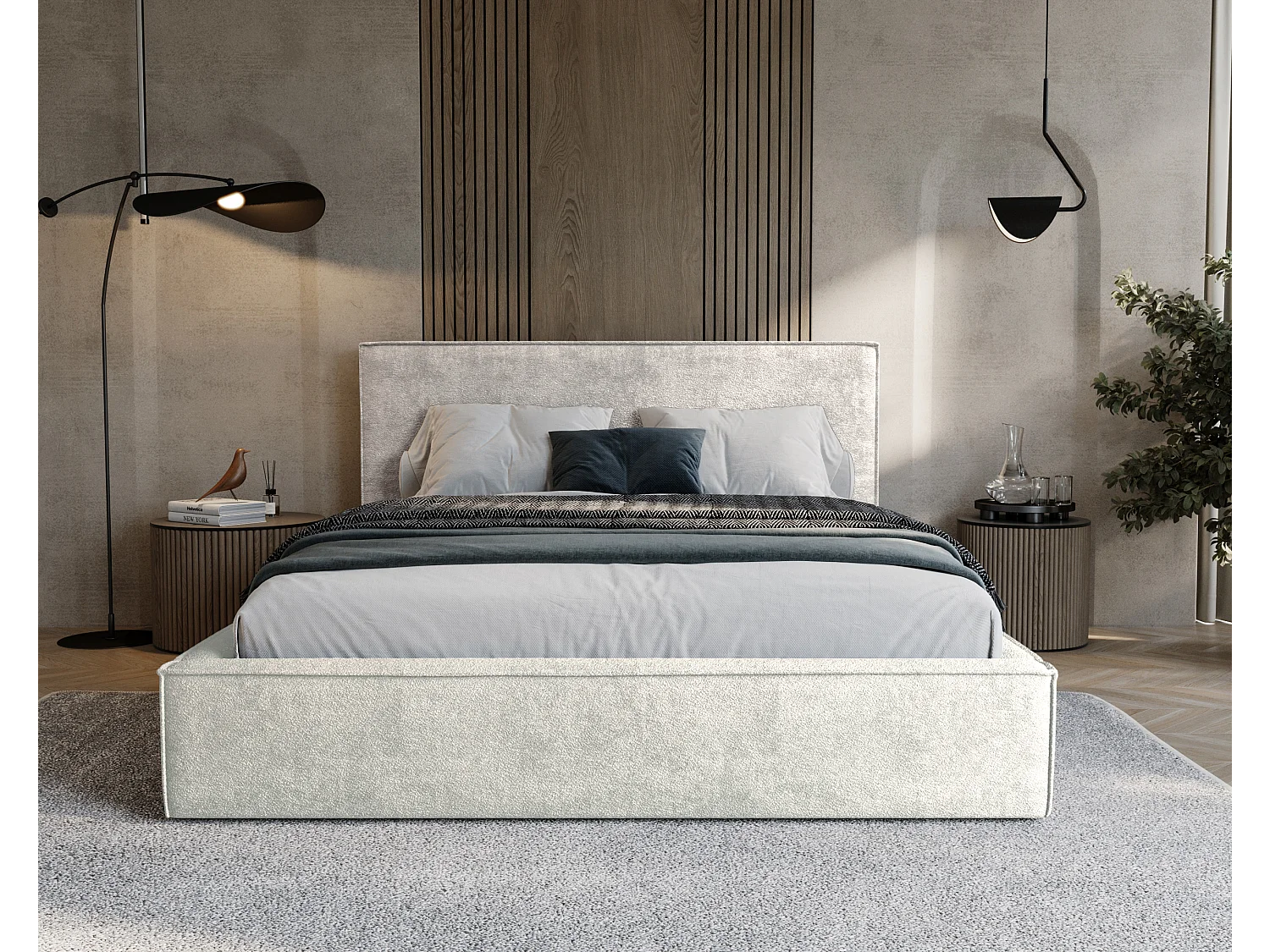 BESILIO Lit tapissé pour chambre à coucher 180x200 Zanzi - cadre métallique, coffre de rangement, bordure décorative, tissu chenille - Crème