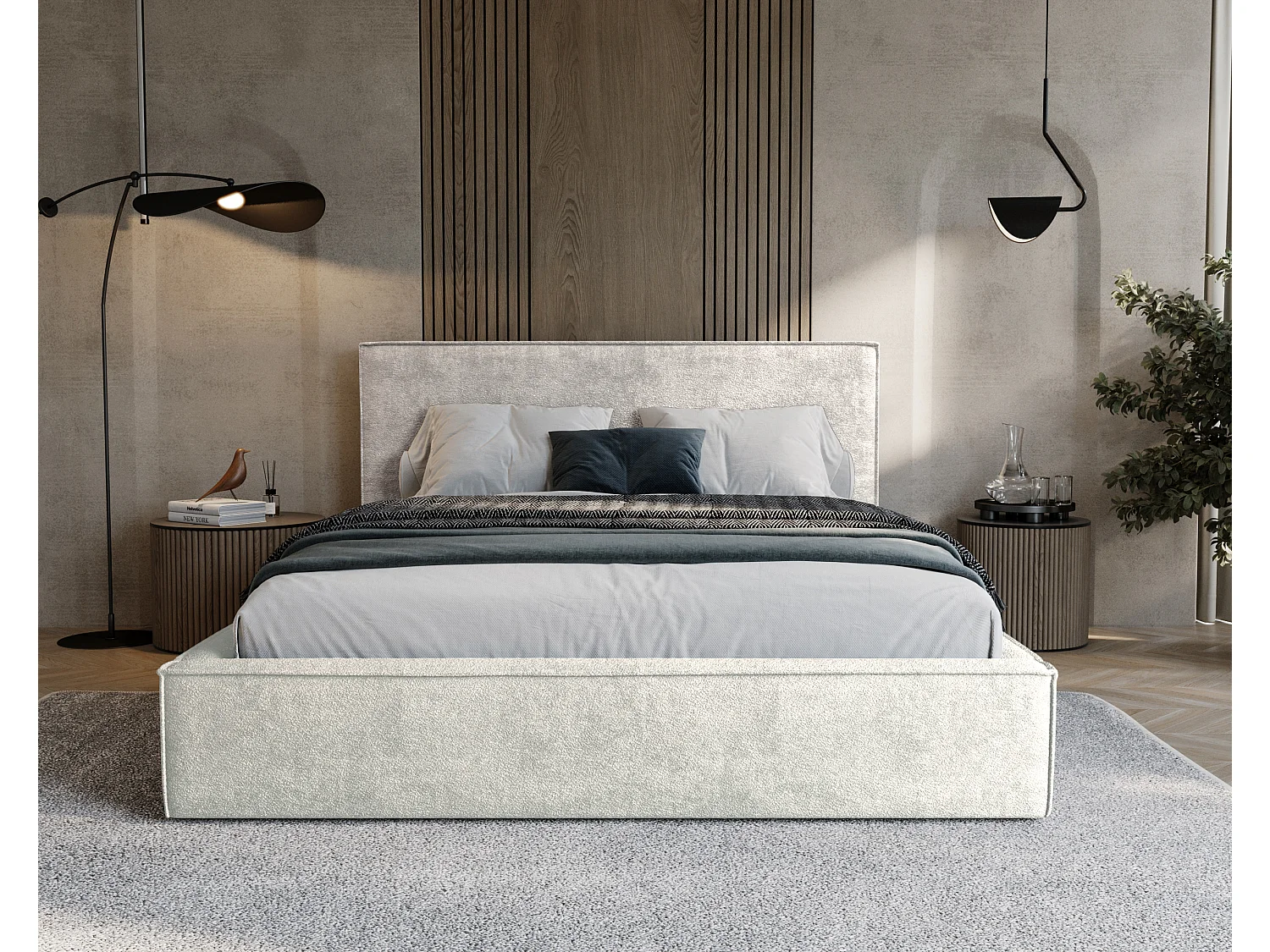 BESILIO Lit tapissé pour chambre à coucher 180x200 Zanzi - cadre métallique, coffre de rangement, bordure décorative, tissu chenille - Crème